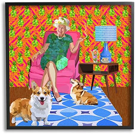 Модерен фон за кучета порода corgi Кралицата на corgi Stupell Industries модел ананас, Дизайн Линнды Ракос, Черна рамка, 24 x 24
