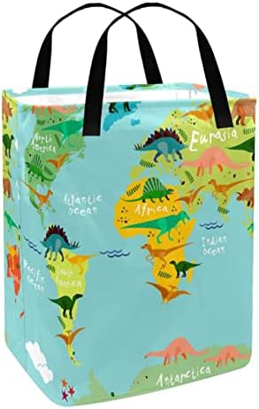 Карта на света с Динозавром, Античен Принт, Сгъваема Кошница за Дрехи, 60Л, Водоустойчив Кошници за Бельо, Кошница за