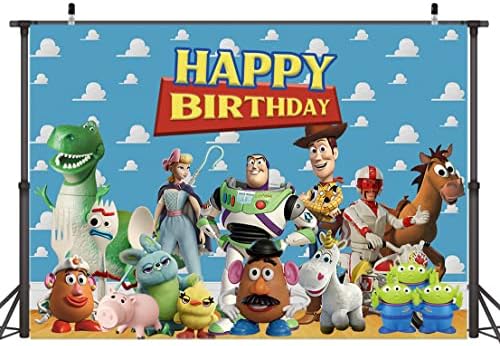 7x5ft играта на Играчките Тема Честит Рожден ден на Снимки Декори Синьо Небе, Бели Облаци Закрит Банер Детски Рожден Ден Снимка Фон Торта Маса, Украса за Доставка Студ