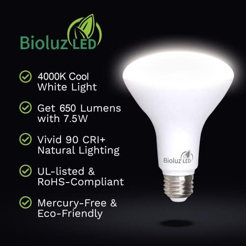 Bioluz LED 24 Pack 90 CRI BR30 Led лампа с регулируема яркост 7,5 W = 65 W Подмяна на 650 Лумена 4000 До Студен бял вътрешен / външен прожектор UL, име на 20-висока ефективност на осветление (о