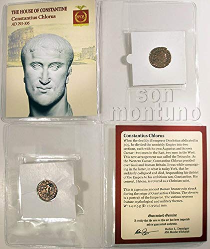 КОНСТАНЦИЙ I ХЛОР - Древнеримская бронзова монета в папката със сертификат за автентичност - СИН на КОНСТАНТИН ВЕЛИКИ