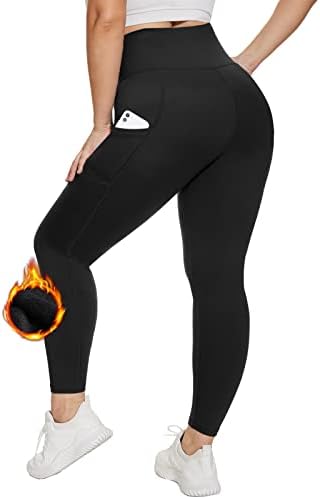 Дамски Гамаши на руното лигавицата на големи размери HLTPRO с джобове - Черни Топли Панталони за йога с Висока талия за тренировки (2X, 3X)