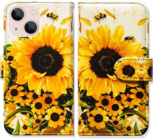 Калъф за iPhone 14 Plus Bcov, калъф за телефон с панти капак Sunflower Bee, една чанта-портфейл с отделения за карти,