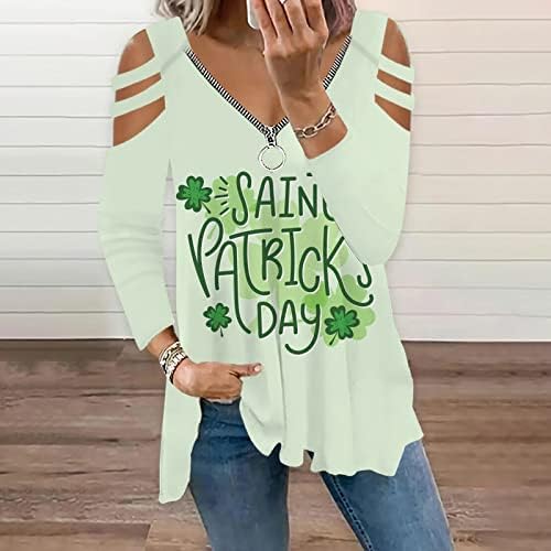 Дамски Тениски на Деня на Св. Патрик, Върхове с открити рамене, Ризи с дълъг Ръкав, Секси Пуловер с цип С V-образно деколте,
