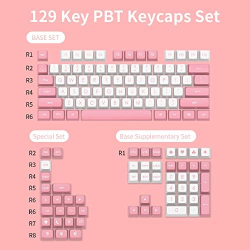 Набор от клавиатури кепета NACODEX 129 Keys от PBT, розов и бял Двойна шапка с профил JSA за механична клавиатура, съвместима