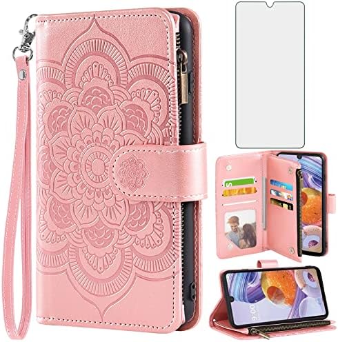 Asuwish Калъф за телефон LG Stylo 6/Stylo6 Plus/K71 Stylus, една чанта-портфейл със Защитно фолио, изработени от Закалено Стъкло и Цветя на Мек Държач за кредитни карти, Поставка за мо