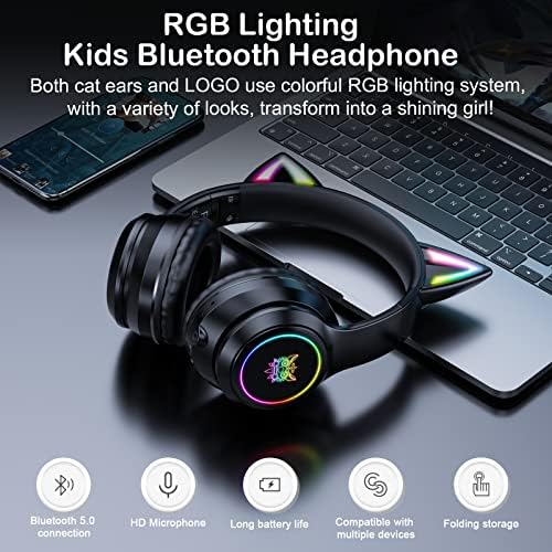 SIMGAL Bluetooth Слушалки с кошачьими уши за деца, Безжичен и кабелен Режим, Сгъваема Слушалки с микрофон, с RGB led
