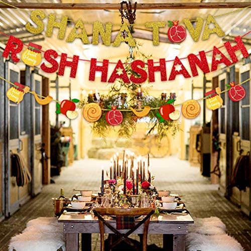 Украса на Еврейската Нова Година Shana Tova Рош Ха Шана Банер с Червени и Златни Искри Венец за Еврейски Аксесоари за