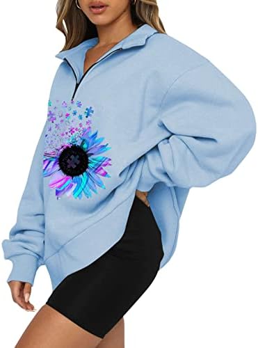 KUAILEYA четвърт светкавица пуловер жени, женски печат големи половината от мълния пуловер hoody с дълъг ръкав четвърт