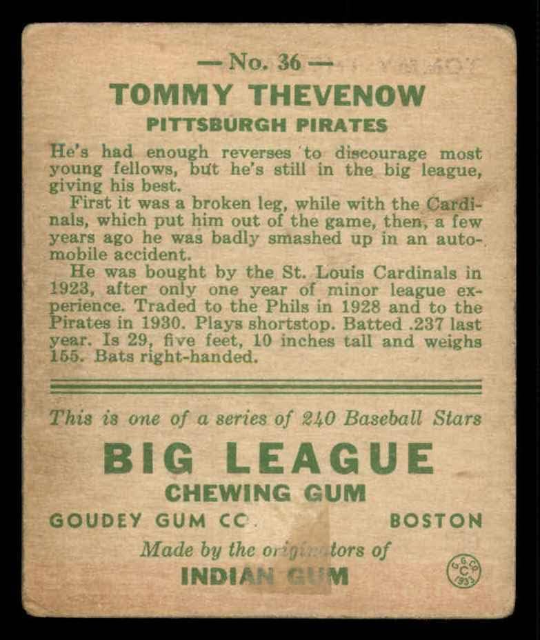 1933 Гуди # 36 Томи Тевеноу Питсбърг Пайрэтс (Бейзболна картичка) ЧЕСТНО пирати