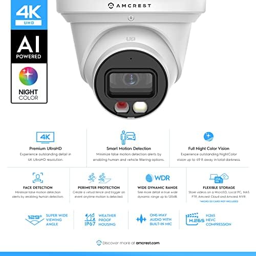 Amcrest UltraHD 4K (8MP) IP PoE AI-камера, 49 метра в тъмен цвят, Външна Турельная камера за сигурност, Вграден микрофон, Откриване на човек, Активно средство за рентабилност, 129 ° ОБ