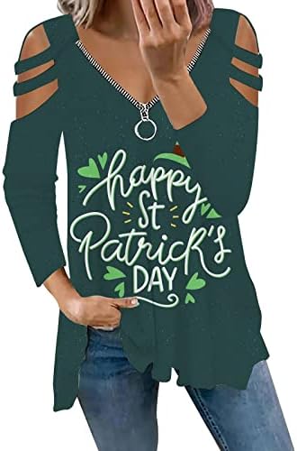 Дамски Тениски на Деня на Св. Патрик, Върхове с открити рамене, Ризи с дълъг Ръкав, Секси Пуловер с цип С V-образно деколте,